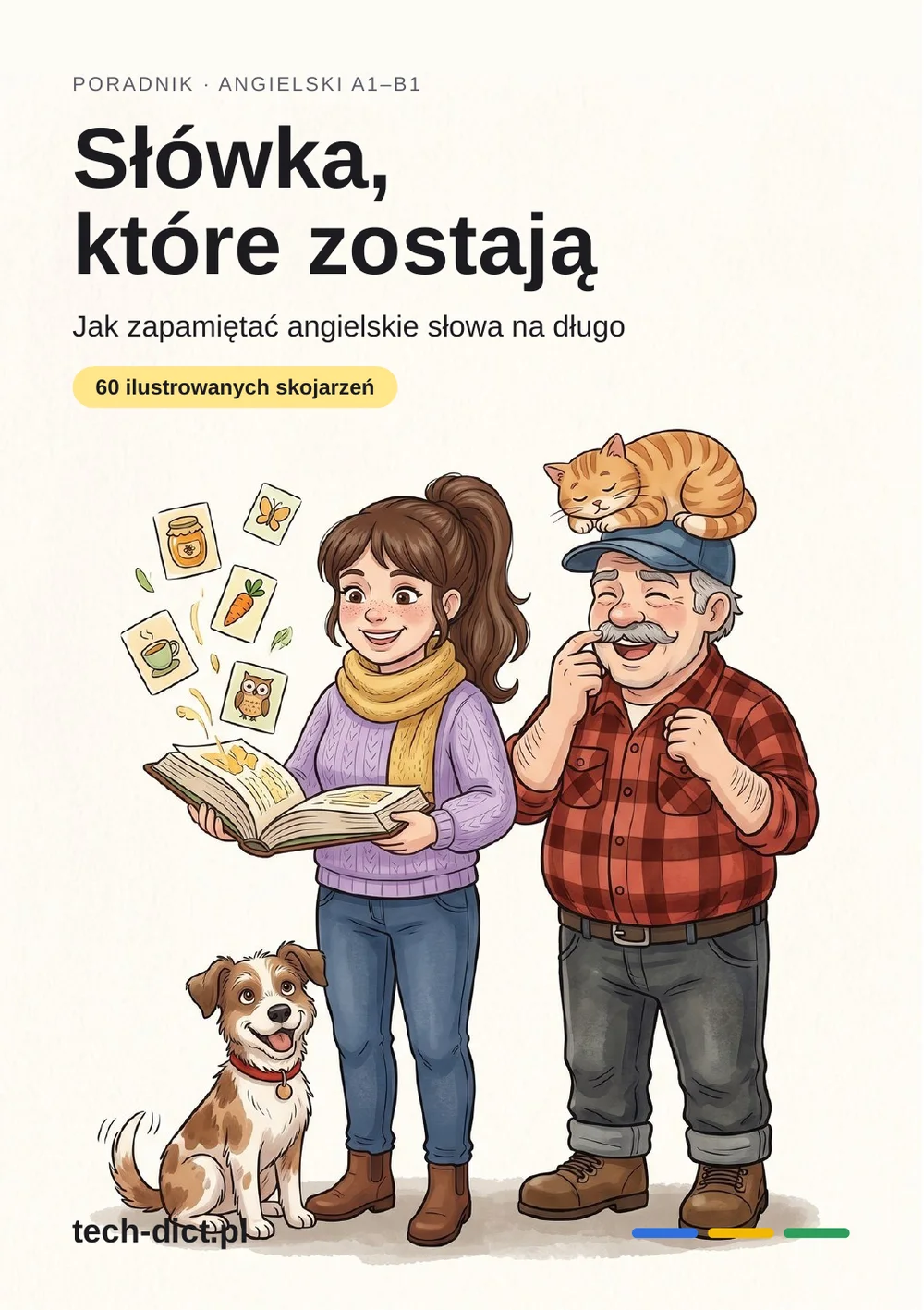 Okładka poradnika: Hania i Pan Tadek czytają książkę, wokół fruwają karty ze słówkami